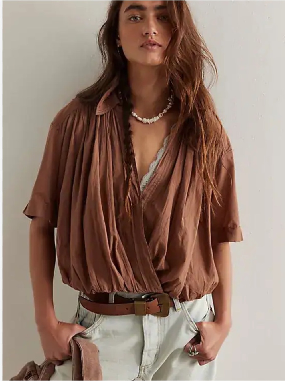 We The Free Benny Shirt Otter Brown Drapey Wrap Front Top Size XL